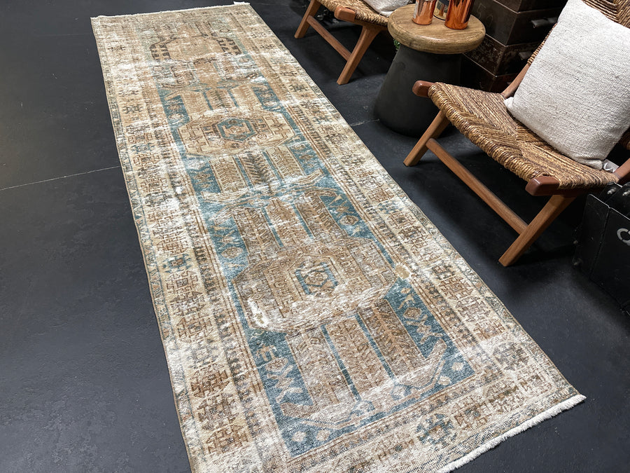 3’5 x 10’ Classic Vintage Runner Muted Turquoise Blue & Beige
