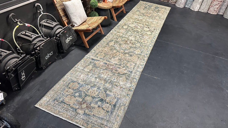 3’3 x 15’3 Classic Antique Malayer Runner Muted Sea Green, Denim & Cappuccino SB