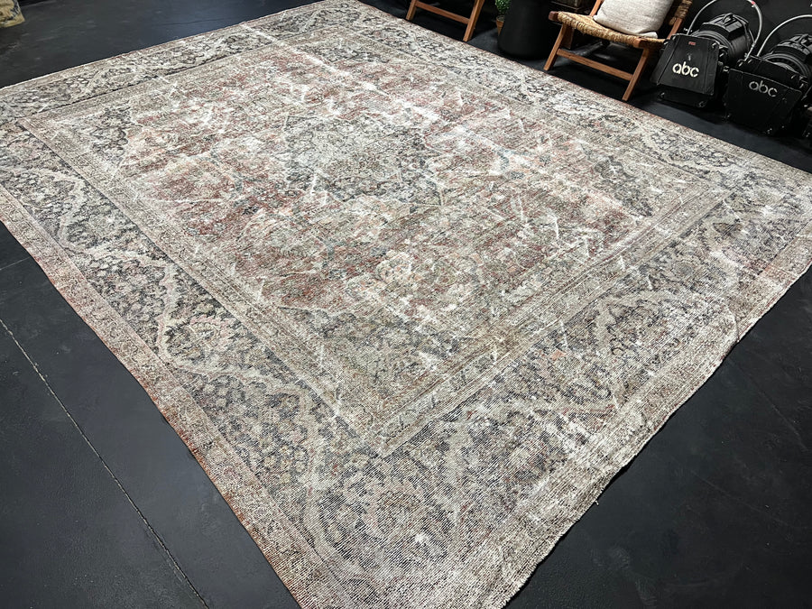 10’8 x 13’7 Classic Antique Rug Muted Black, Gray + Red