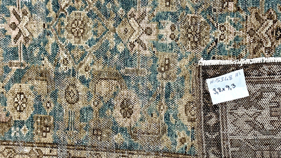 3’8 x 9’3 Classic Antique Runner Muted Turquoise, Brown & Taupe