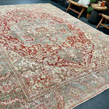 9’4 x 12’10 Classic Vintage Heriz Rug Muted Teal, Red & Gray