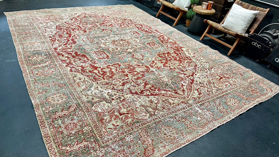 9’4 x 12’10 Classic Vintage Heriz Rug Muted Teal, Red & Gray