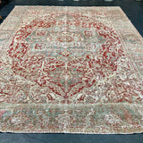 9’4 x 12’10 Classic Vintage Heriz Rug Muted Teal, Red & Gray