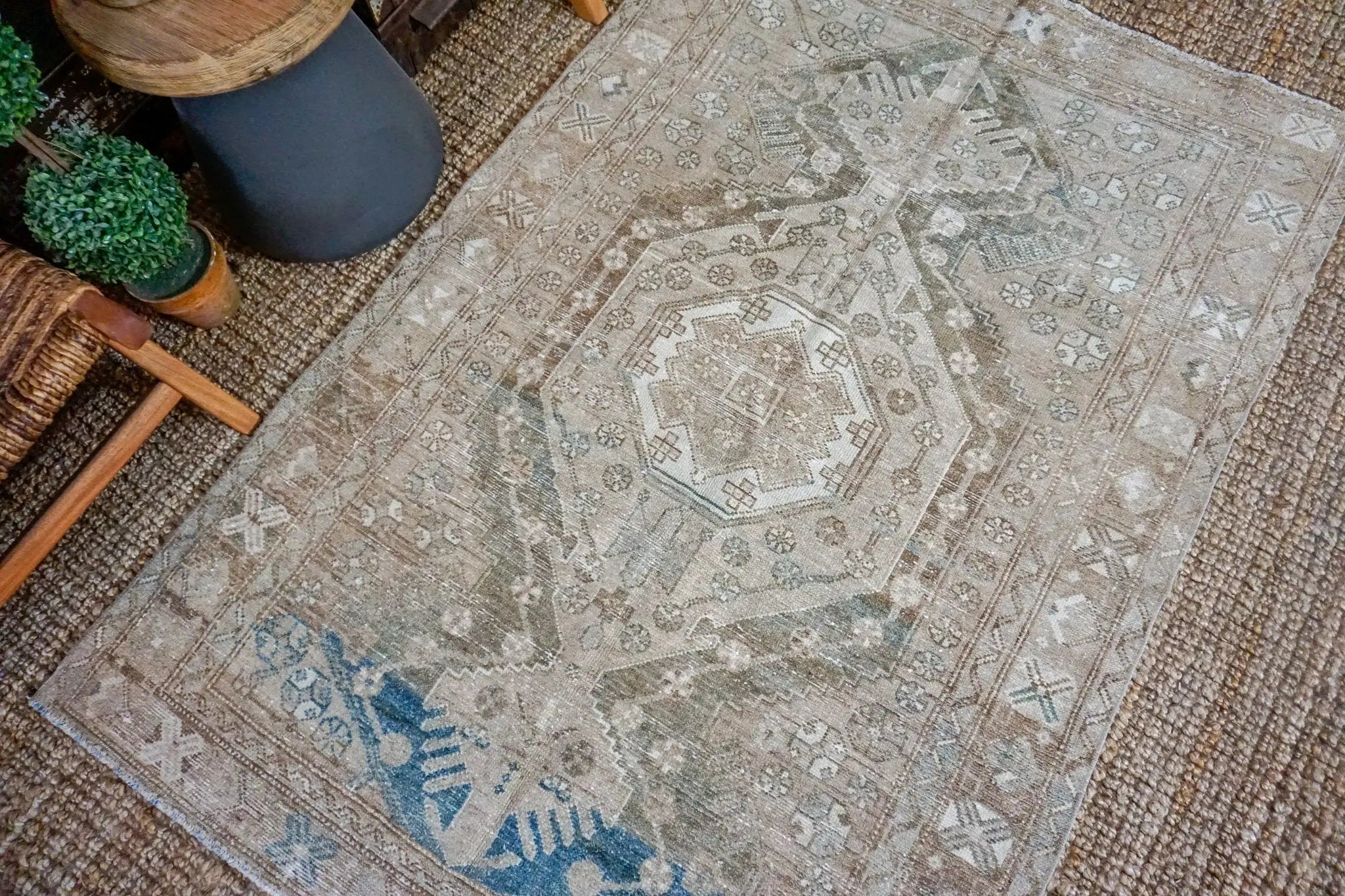 4’2 x 6’4 Vintage Hamadan Carpet Dark Beige,  Denim Blue + Brown SB '3474 Linda's Barn