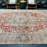 9’4 x 12’10 Classic Vintage Heriz Rug Muted Teal, Red & Gray