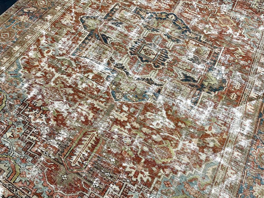 9’4 x 12’ Classic Vintage Rug Muted Copper, Blues, Greens SB