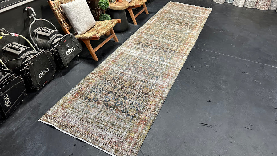 3’5 x 13’7 Classic Antique Malayer Runner Muted Turquoise Blue, Copper & Gray SB
