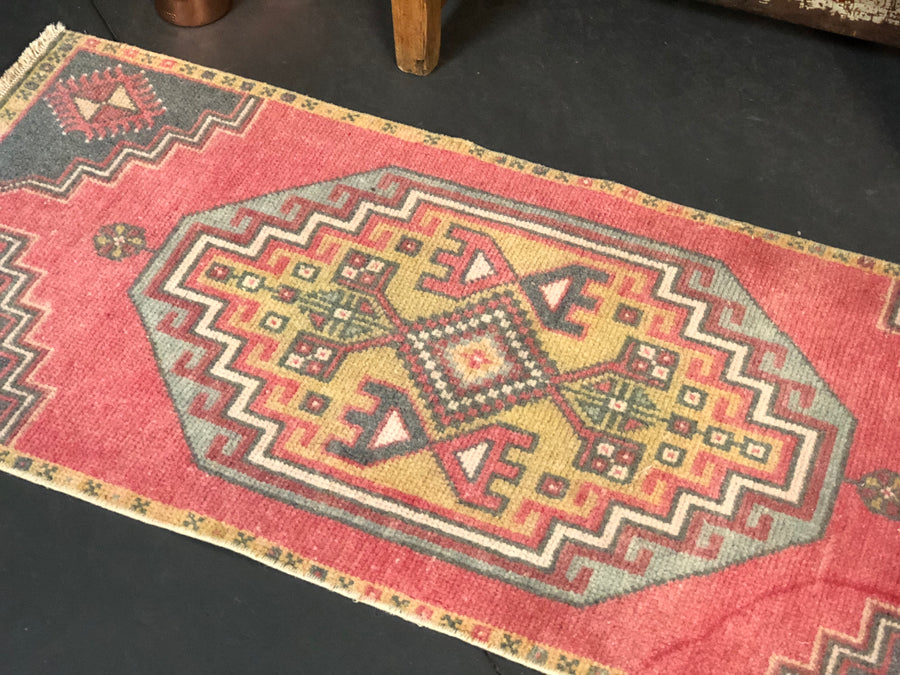 19” x 44” Vintage Turkish Oushak Rug Red, Gray & Gold