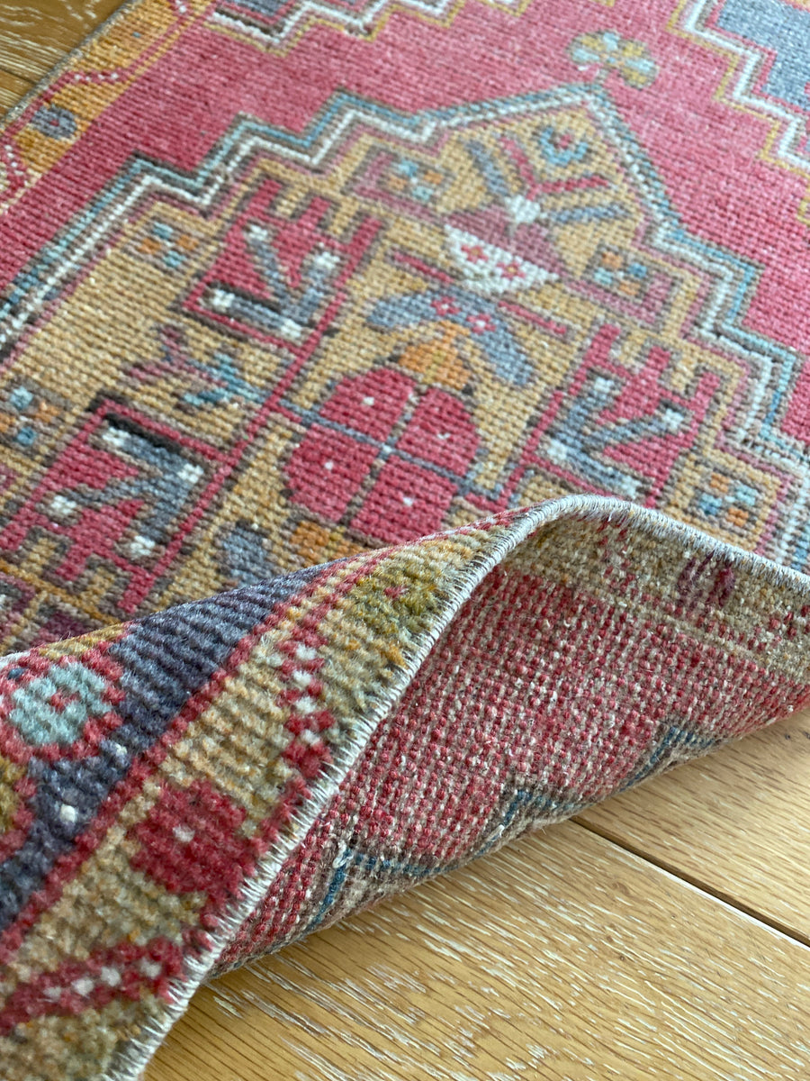 19” x 35” Vintage Oushak Rug Muted Red, Camel & Gray