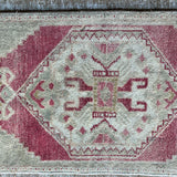 15” x 40” Vintage Turkish Oushak Mat Rug Muted Red, Beige & Chartreuse