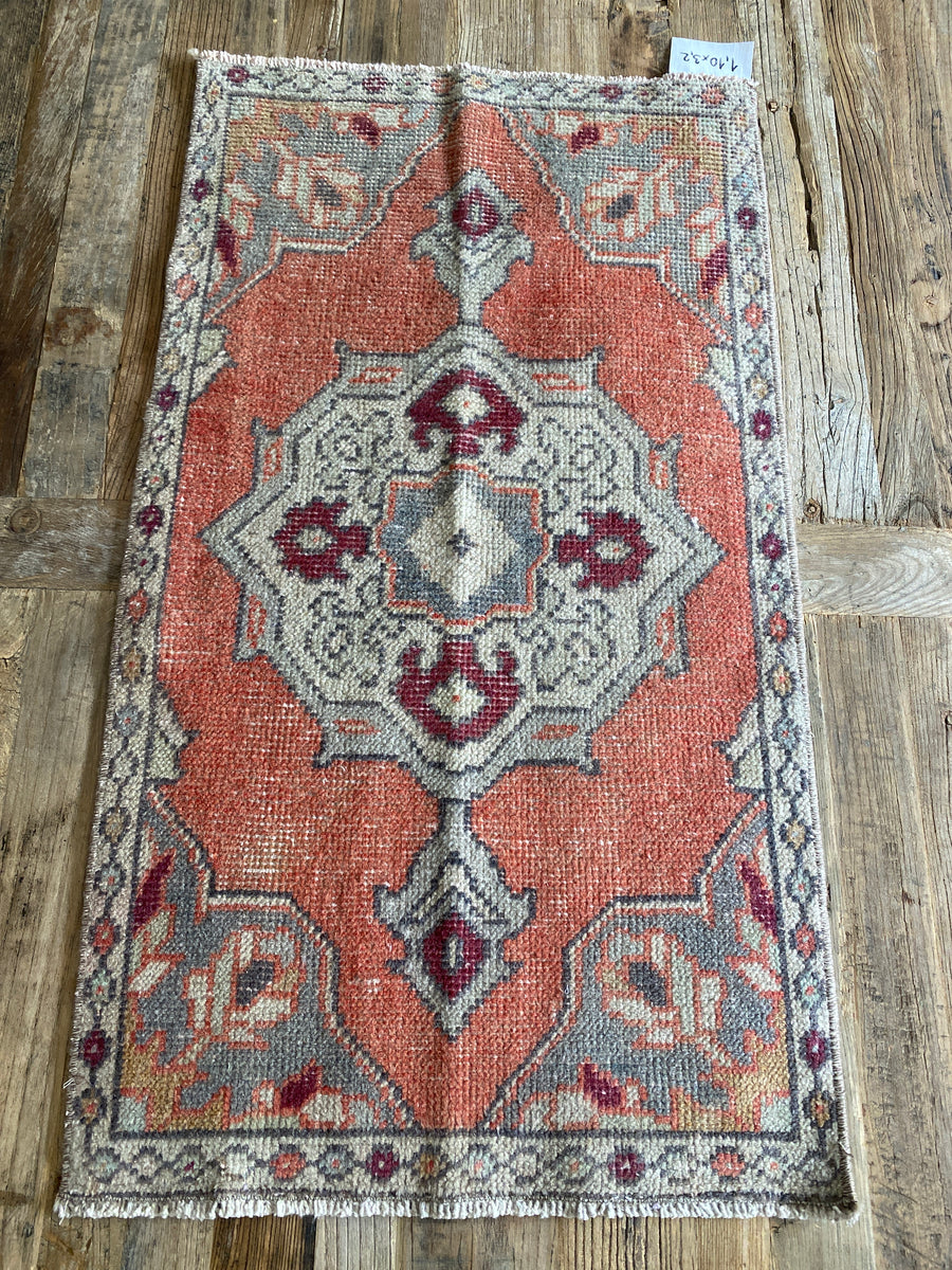 1’10 x 3’2 Vintage Oushak Runner Muted Gray, Copper & Wine