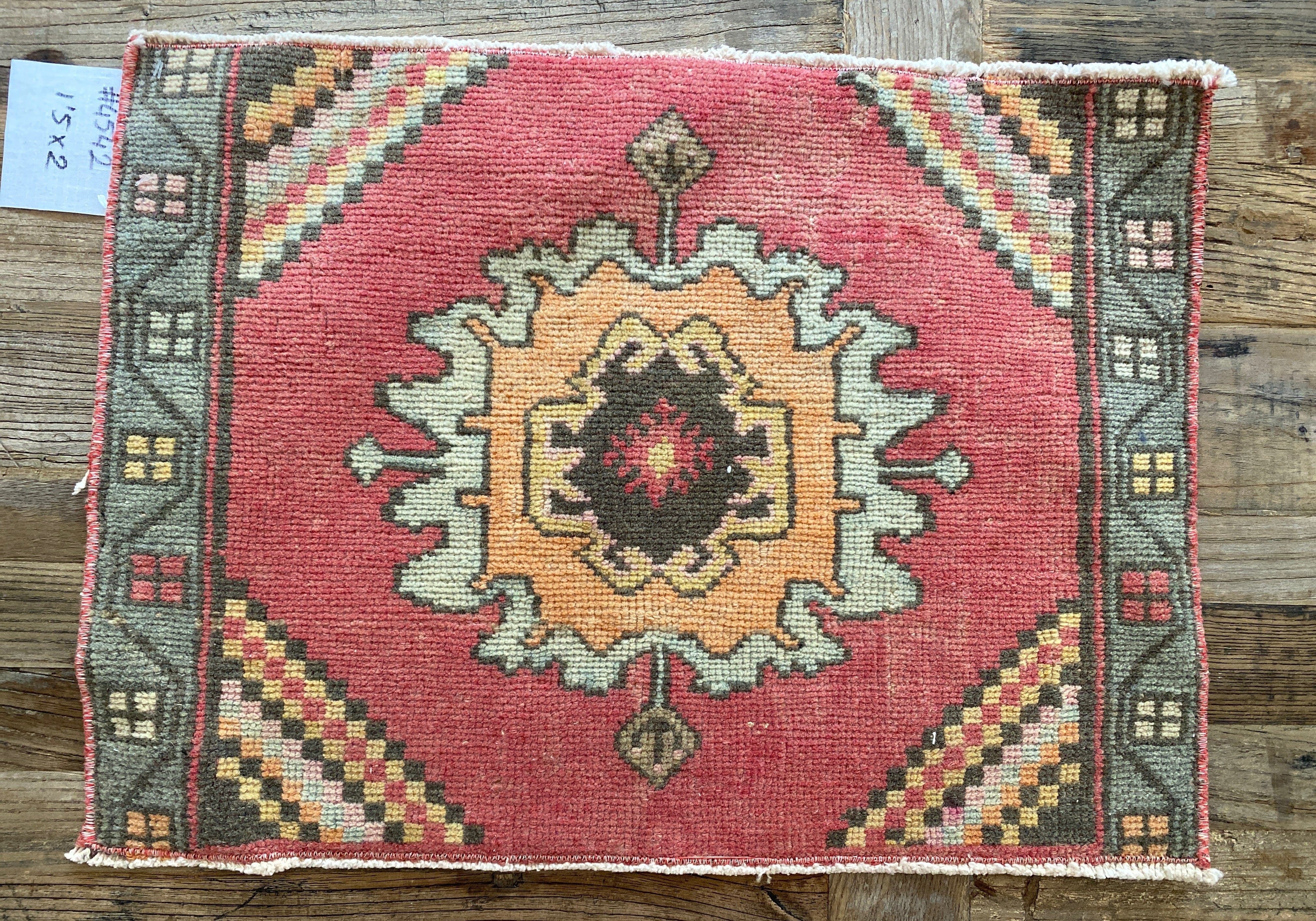 1’5 x 2’ Vintage Turkish Oushak Rug Red, Orange & Gray '4542 Linda's Barn