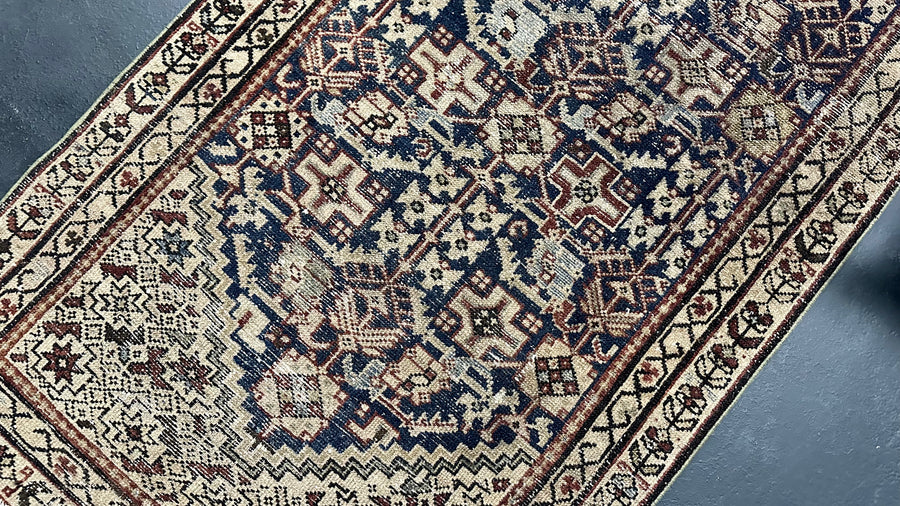 3’1 x 13’9 Classic Antique Runner Muted Navy Blue, Beige & Burgundy