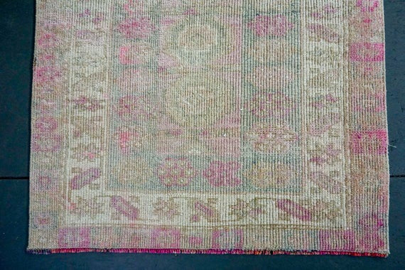 3 x 11  Turkish Oushak Runner Pink and Beige and Gray