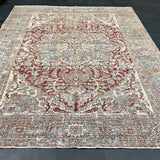 8’2 x 11’2 Classic Vintage Heriz Rug Muted Sea Blue, Red & Clay
