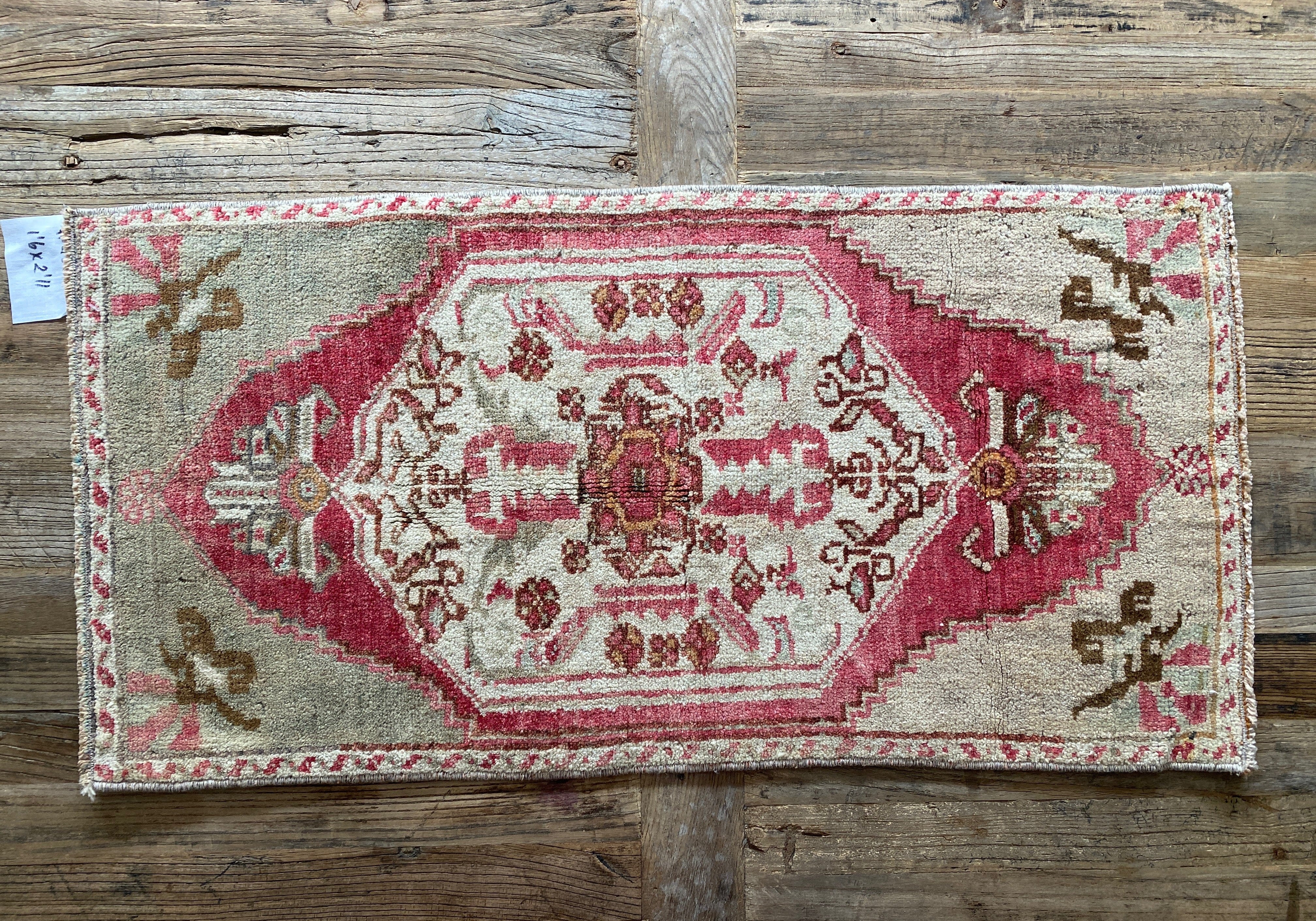 1’6 x 2’11 Vintage Turkish Oushak Rug Muted Beige, Red + Sage '4562 Linda's Barn