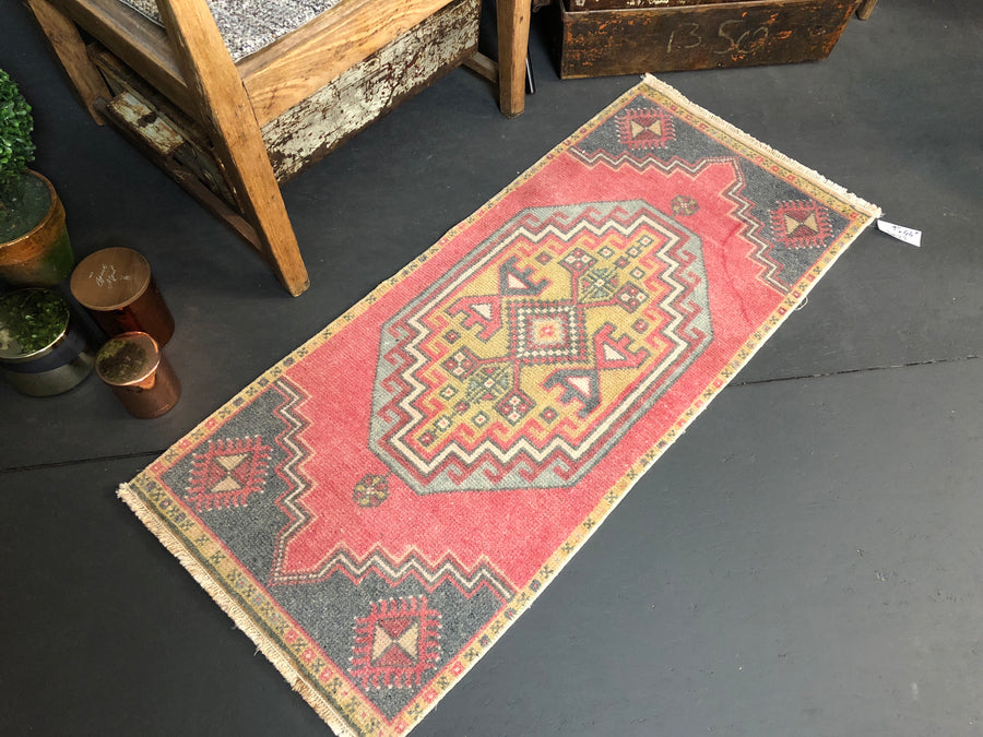 19” x 44” Vintage Turkish Oushak Rug Red, Gray & Gold