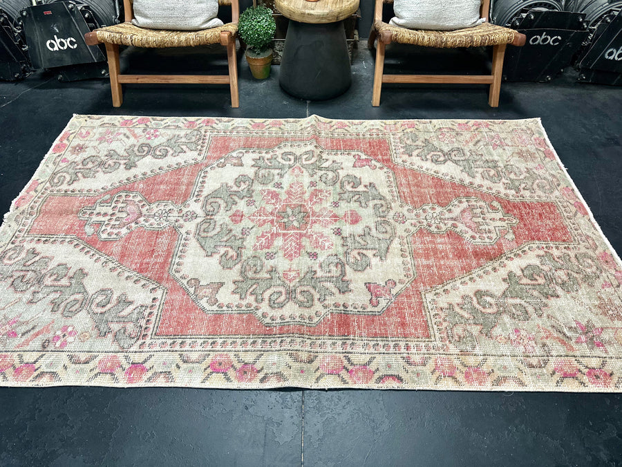 4’7 x 7’6 Vintage Turkish Oushak Carpet Muted Red, Clay & Gray
