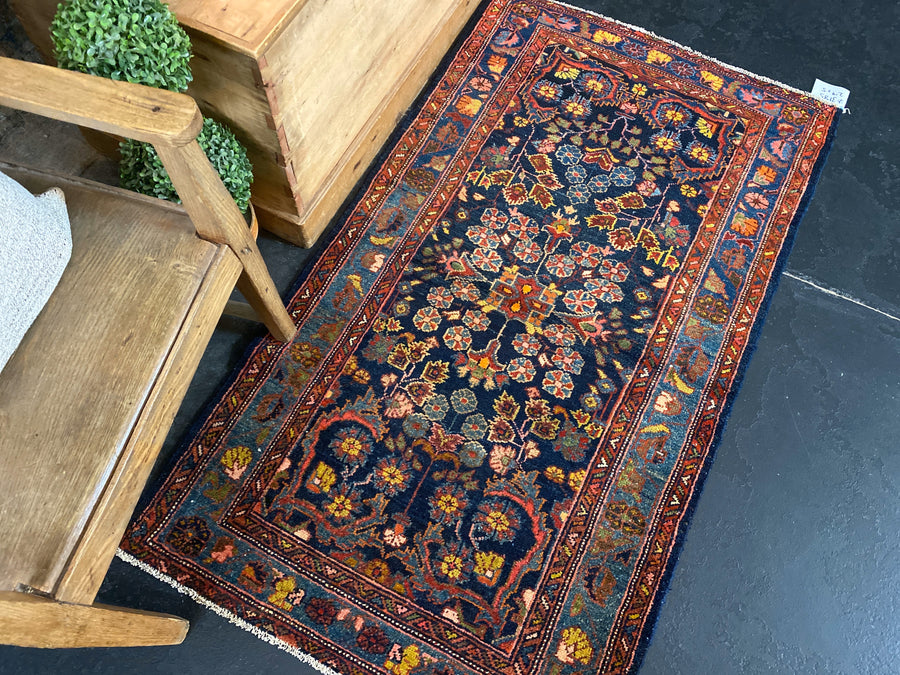 2’9 x 5’ Vintage Malayer Carpet Blue, Red and Gold 70’s