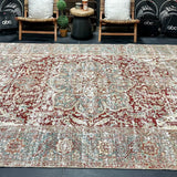 8’2 x 11’2 Classic Vintage Heriz Rug Muted Sea Blue, Red & Clay