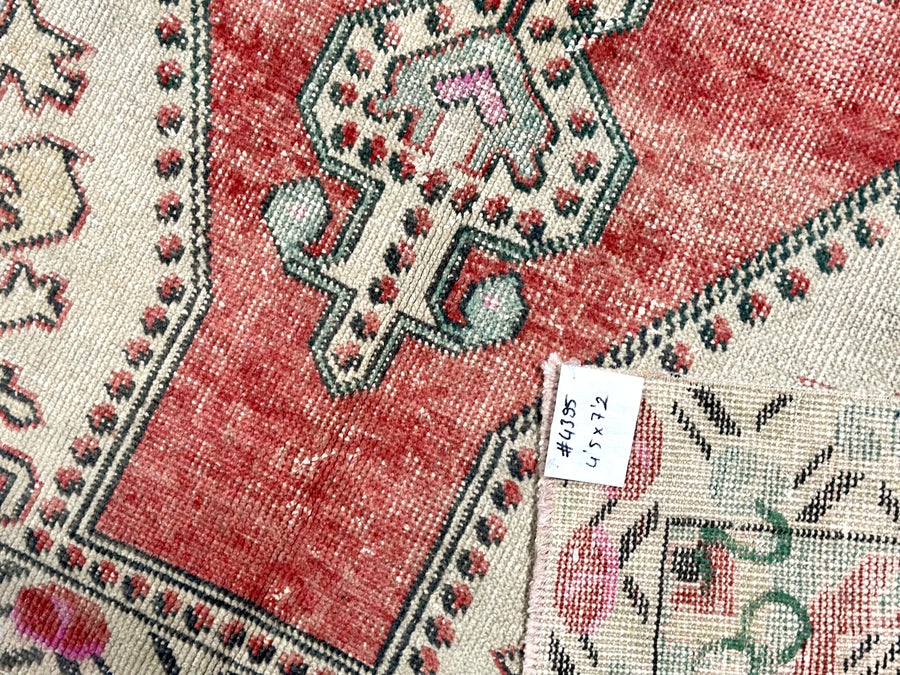 4’3 x 7’5 Vintage Turkish Oushak Carpet Muted Red, Bone & Blue