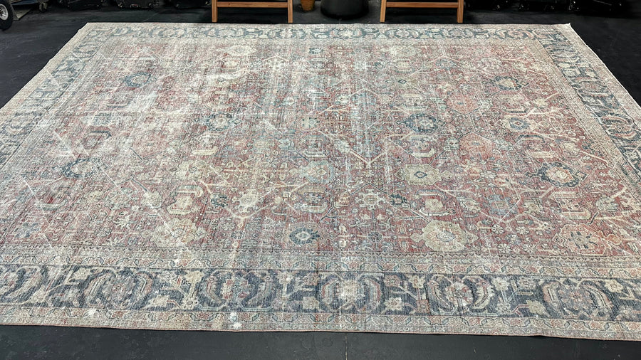 9’ x 12’5 Classic Antique Sultanabad Rug Muted Navy Blue, Red & Gray