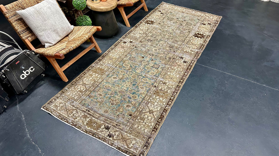 3’8 x 9’3 Classic Antique Runner Muted Turquoise, Brown & Taupe