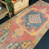 4’2 x 9’4 Oushak Rug Muted Red, Orange and Blue-Gray Vintage Carpet
