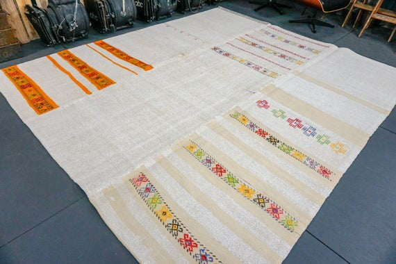 9 x 10 MCM Organic Hemp Rug Vintage Turkish Ecru