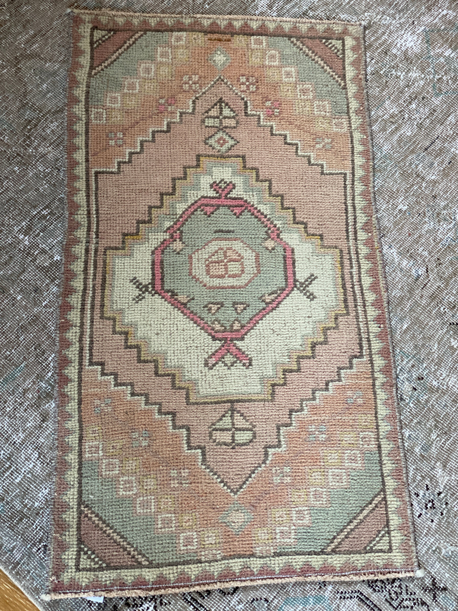 1’8 x 3’1 Vintage Turkish Oushak Rug Muted Pink, Blue and Cream