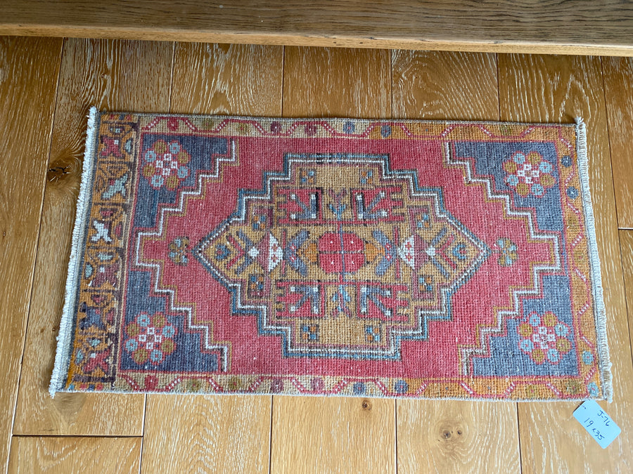 19” x 35” Vintage Oushak Rug Muted Red, Camel & Gray
