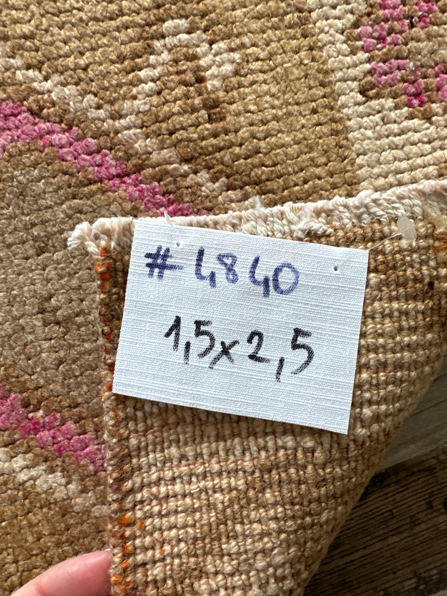 1’5 x 2’5 Antique Turkish Kars Rug Muted Camel Beige, Turquoise Blue & Raspberry