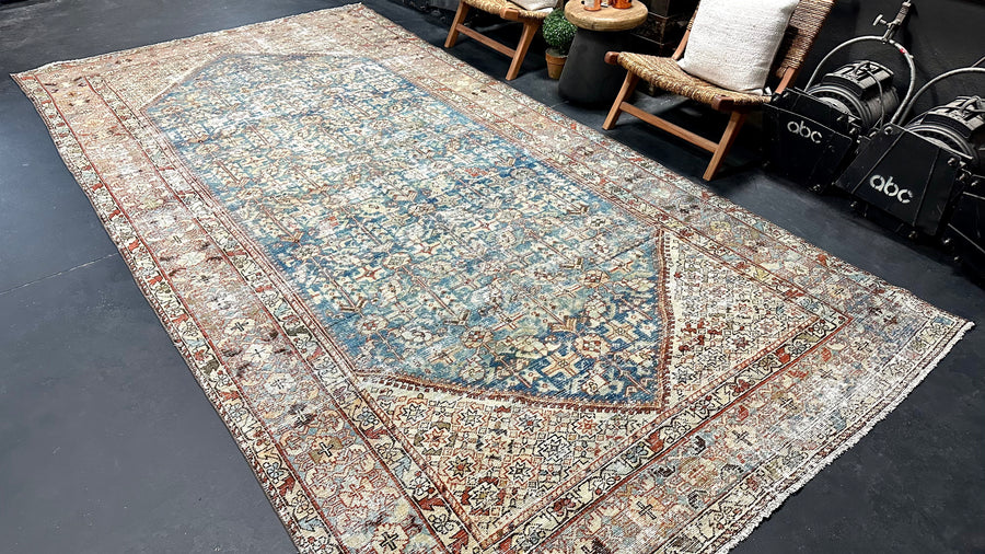 7’ x 13’8 Classic Antique Rug Muted Gray, Blue & Red