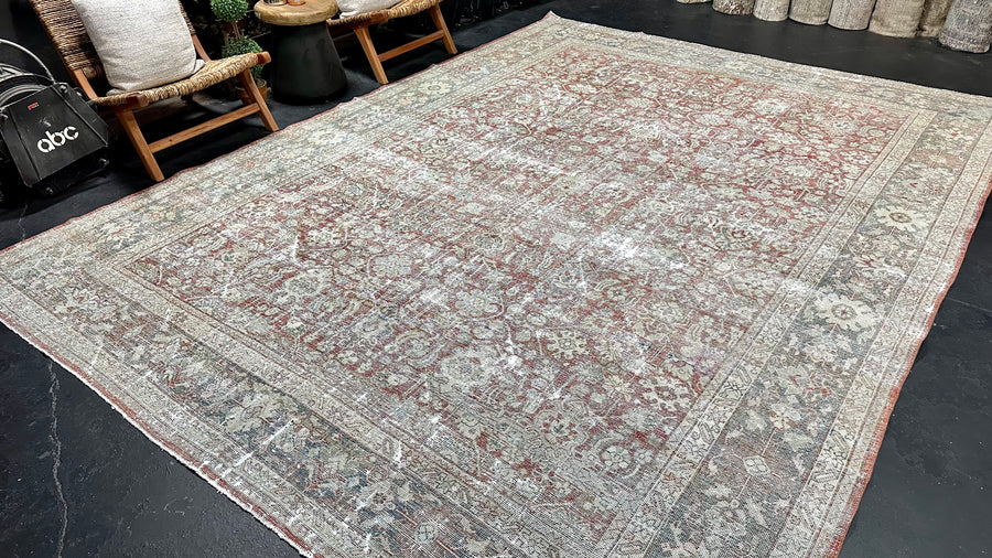 9’2 x 12’4  Classic Antique Rug Muted Gray, Red + Slate Blue