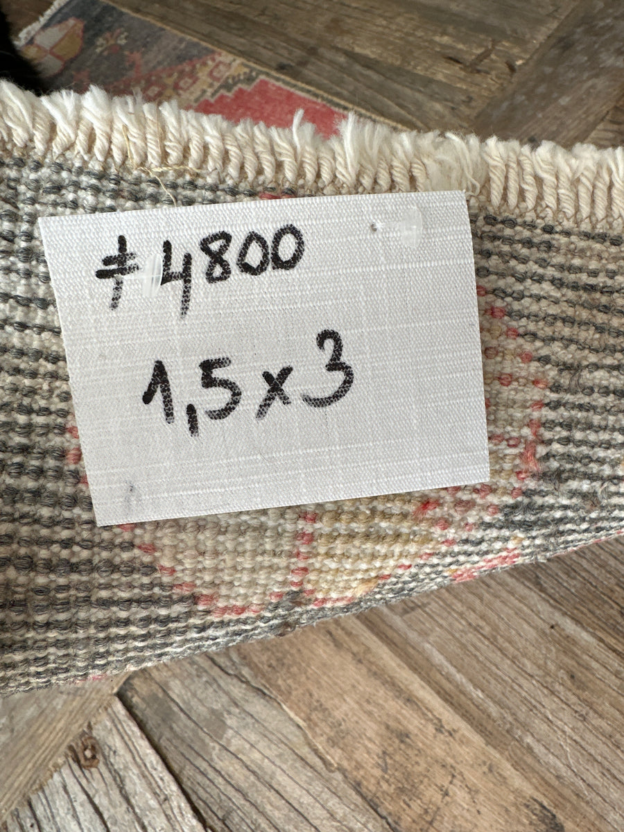 1’5 x 3’ Vintage Turkish Oushak Rug Muted Red, Black & Apricot