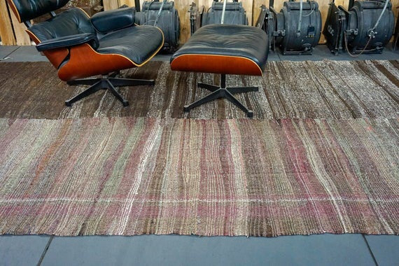 7' x 13' MCM Scandinavian Style Purple + Brown Tweed Vintage Turkish Kilim