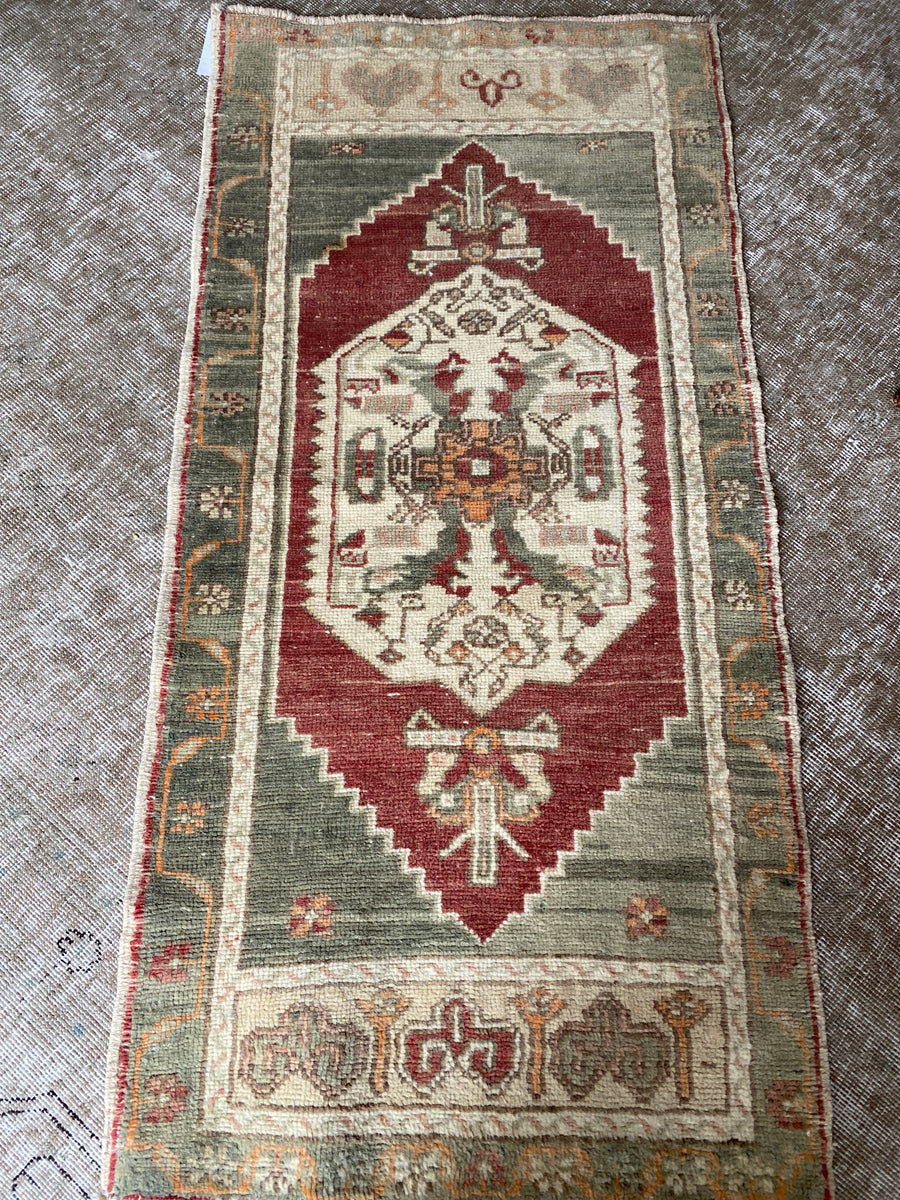 1’10” x 3’9” Vintage Turkish Oushak Mat Rug Muted Brick, Pale yellow + Green