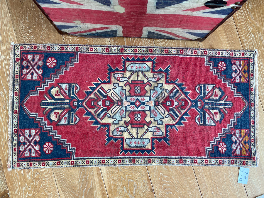 21” x 43” Vintage Oushak Rug Muted Red, Blue and Pale Yellow