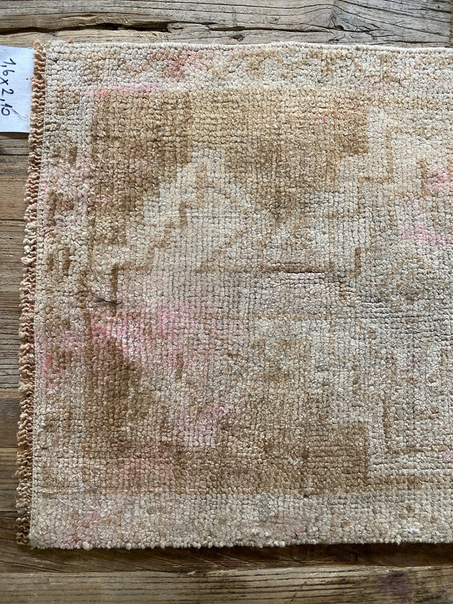 1’6 x 2’10 Antique Turkish Taspinar Rug Muted Camel Brown, Greige & Pink