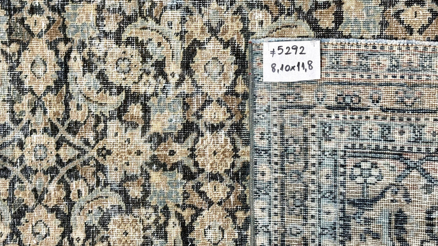 8’10 x 11’8 Classic Antique Tabriz Rug Muted Graphite, Camel + Light Denim