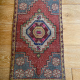 19” x 34” Vintage Turkish Oushak Mat Rug Yastik 70's Small Carpet Muted Red, Gray & Gold