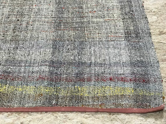 6 x 9 MCM Vintage Turkish Kilim Rug Hemp Goat Hair Flatweave Turkish Carpet Pastel Pinks, Blue, White, Green and Black