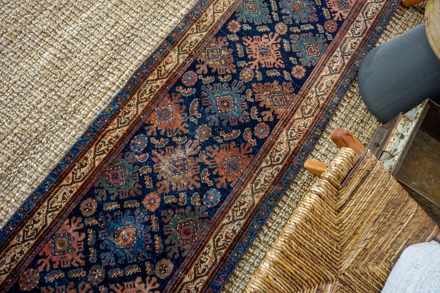 2’6 x 16’7 Classic Vintage Hamadan Runner Jewel Tones Rich Dark Blue, Navy and Rose