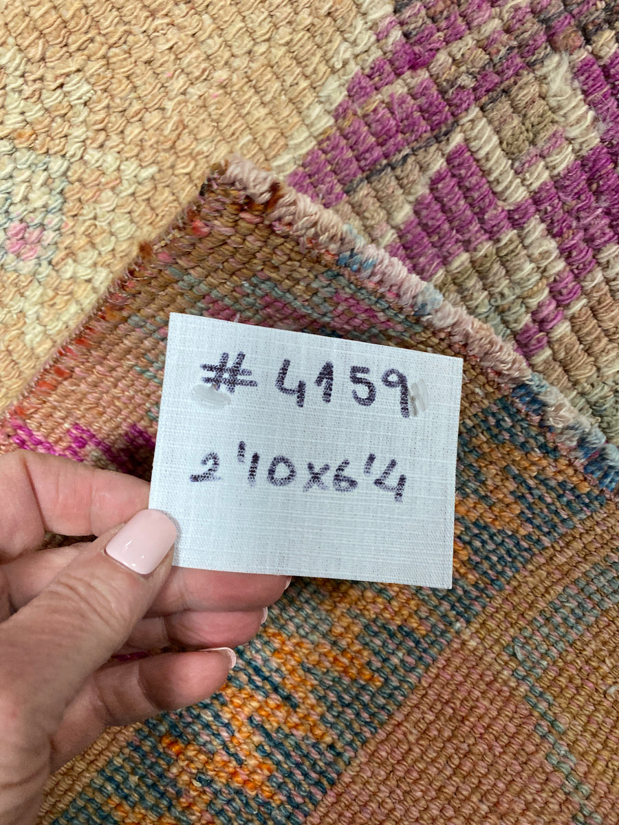 2’10 x 6’4 Vintage Herki Runner Pale Peach & Violet + Gray