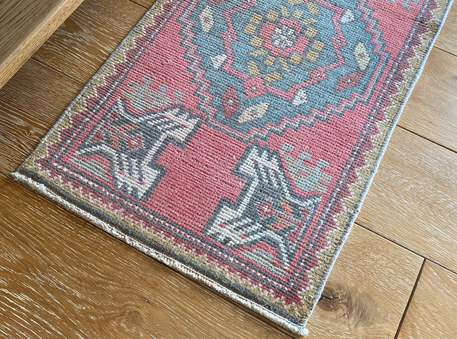 19” x 38” Vintage Oushak Rug Muted Red, Green & Camel