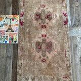 1’5 x 2’8 Antique Turkish Kars Rug Muted Camel Beige & Wine Red '4834