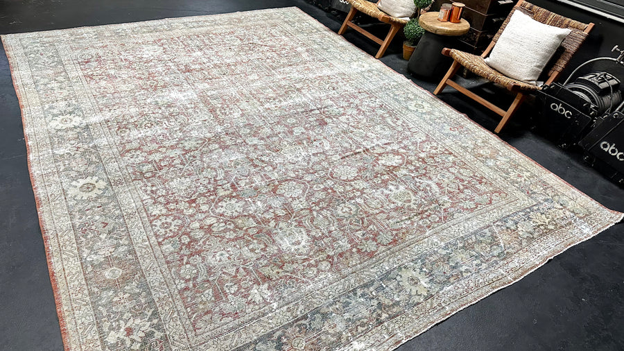 9’2 x 12’4  Classic Antique Rug Muted Gray, Red + Slate Blue