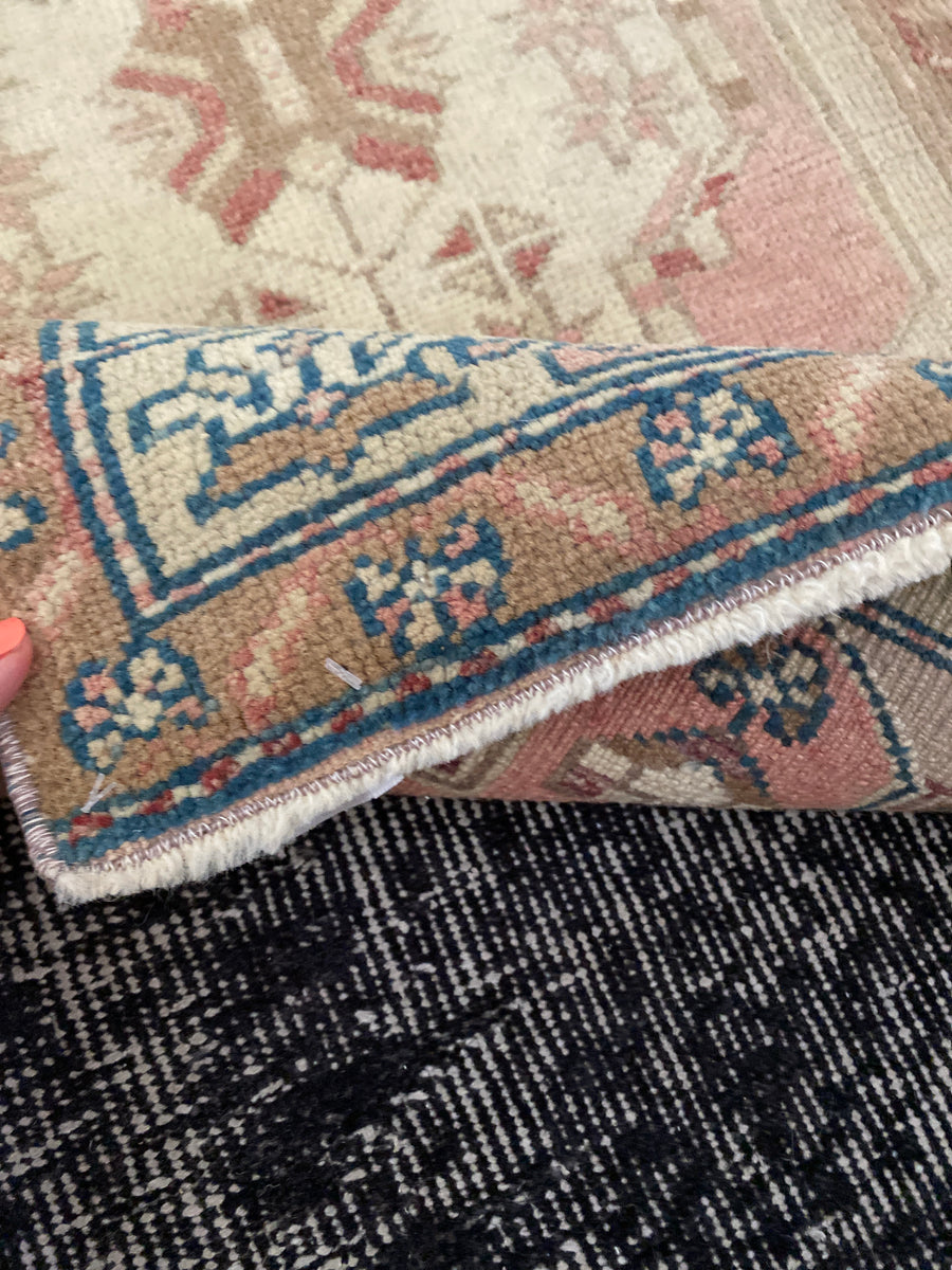 1’9 x 3’1 Vintage Oushak Rug Muted Rose Pink, Sage & Indigo