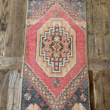 1’5 x 3’ Vintage Turkish Oushak Rug Muted Red, Black & Apricot '4800