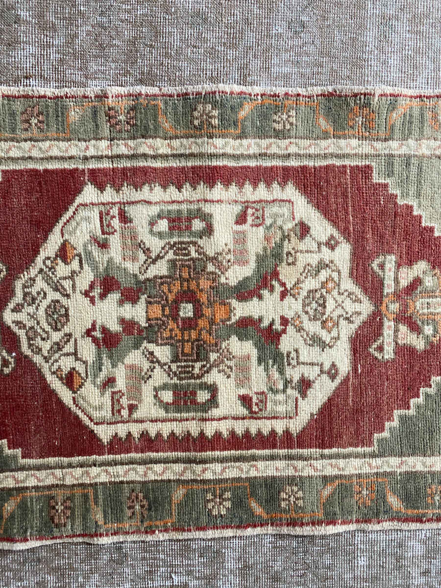1’10” x 3’9” Vintage Turkish Oushak Mat Rug Muted Brick, Pale yellow + Green